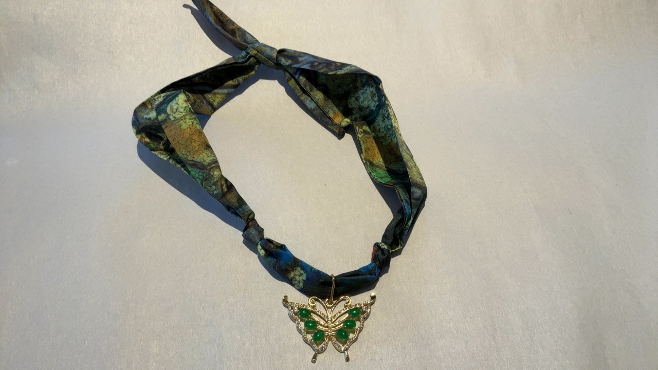 Butterfly Necklace with multi-colored scarf