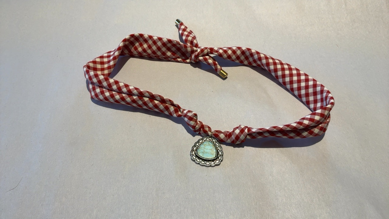 Turquoise Pendant withRed and white scarf