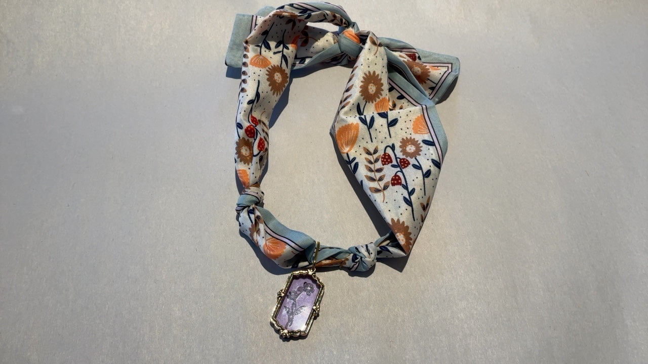 Purple Flower Pendant with Floral Scarf