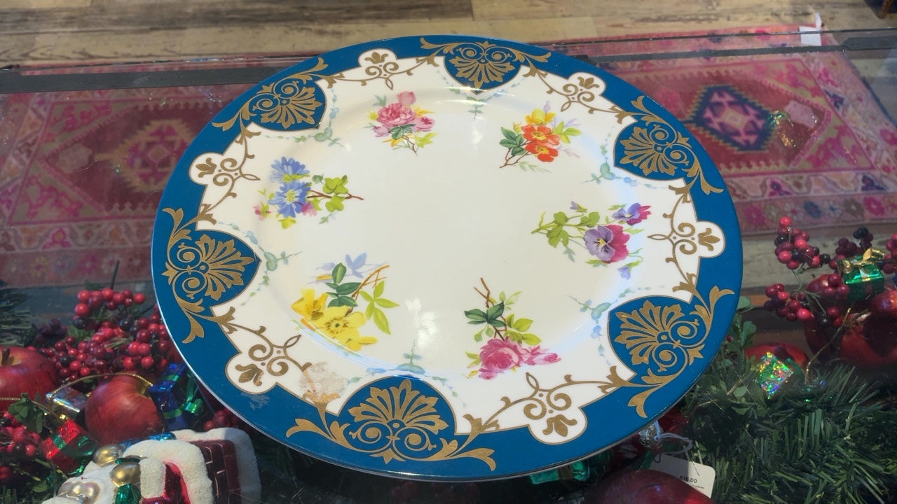 Floral Plate with Blue and Gold Trim