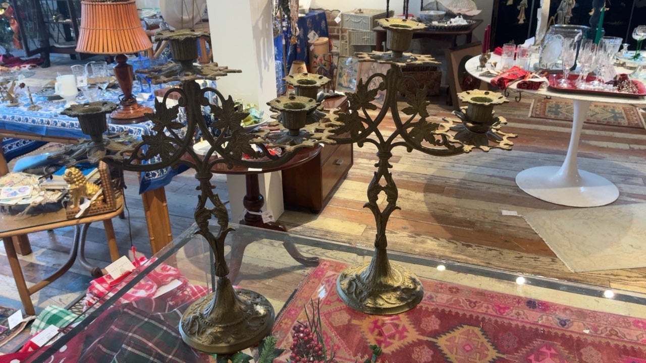 Two Brass Maple Leaf Candelabras