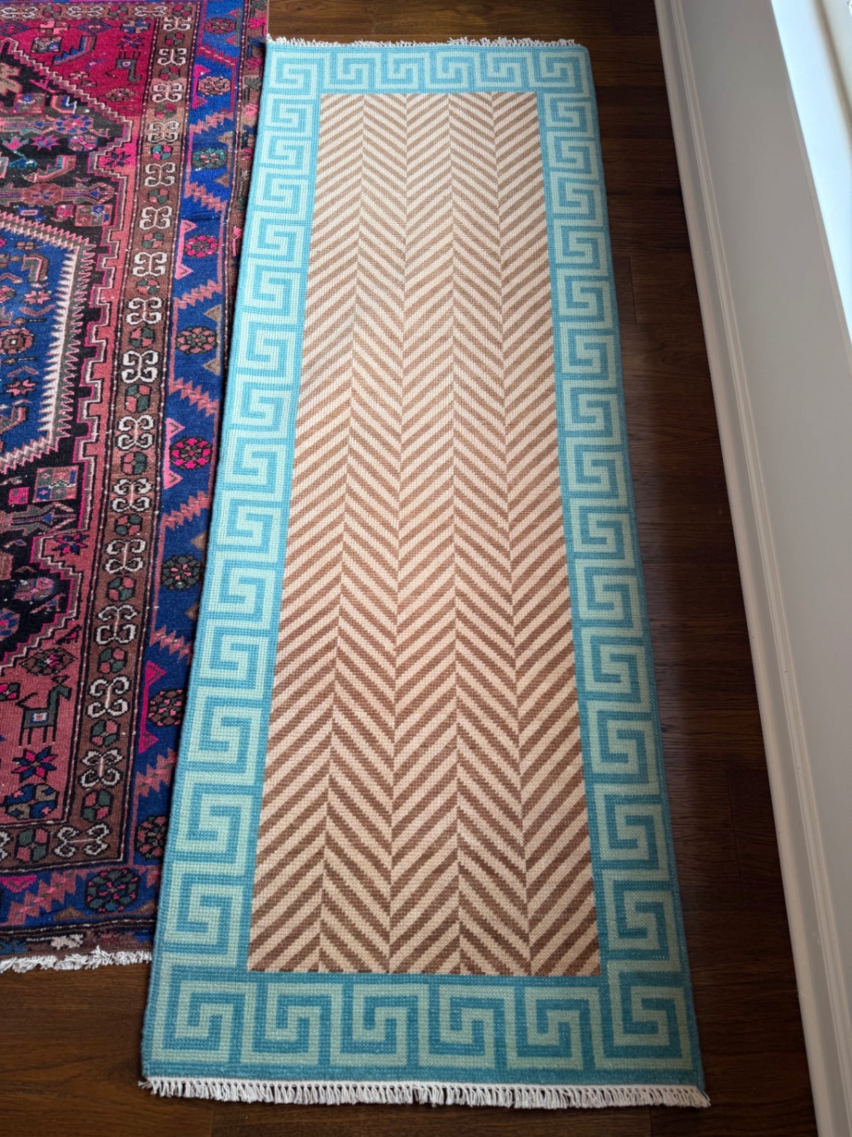 Oushak runner, 7' x 2'6", greek key border (blue)