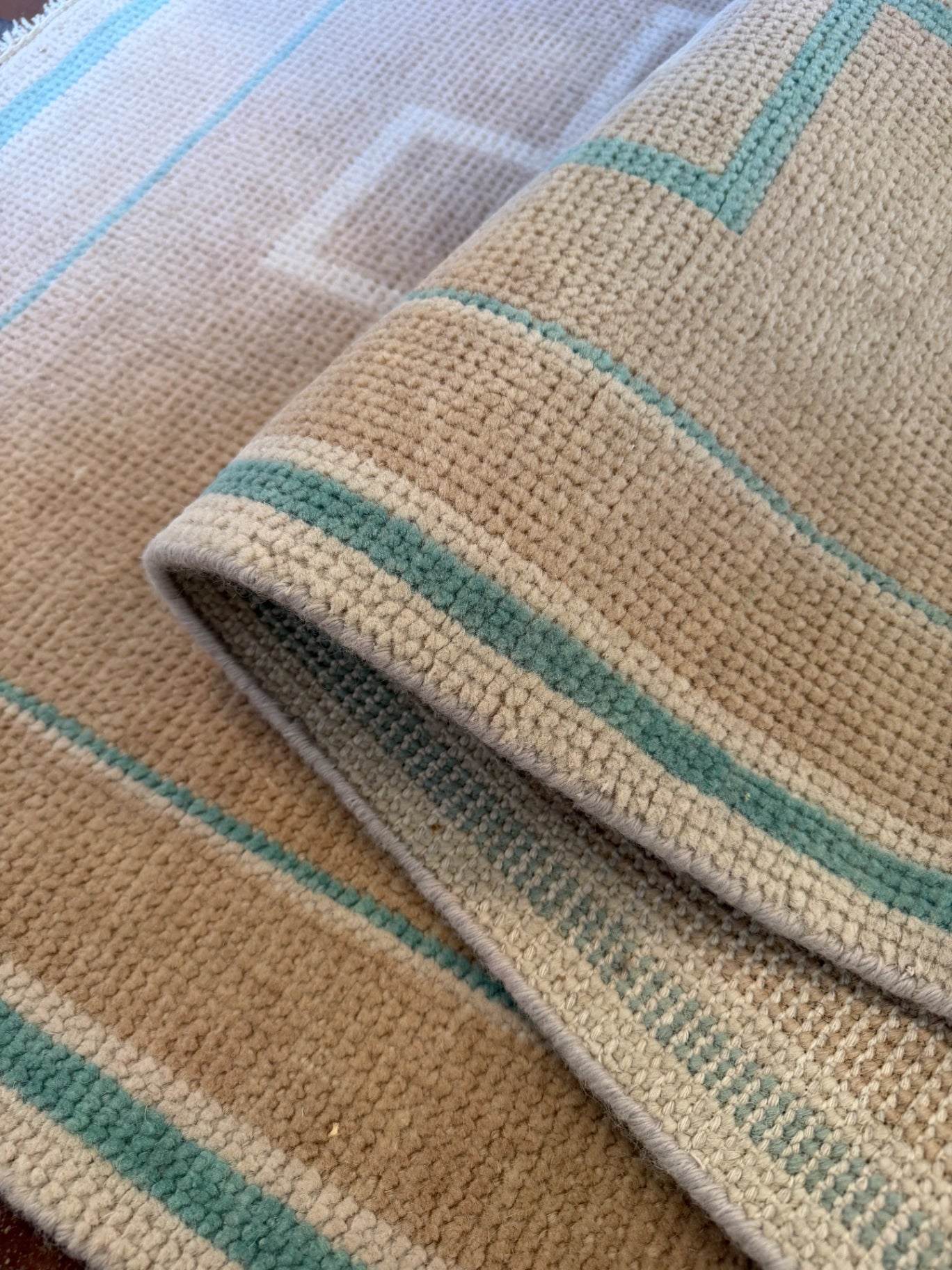 Oushak runner, 7' x 2'6”, light brown/teal geometric 
