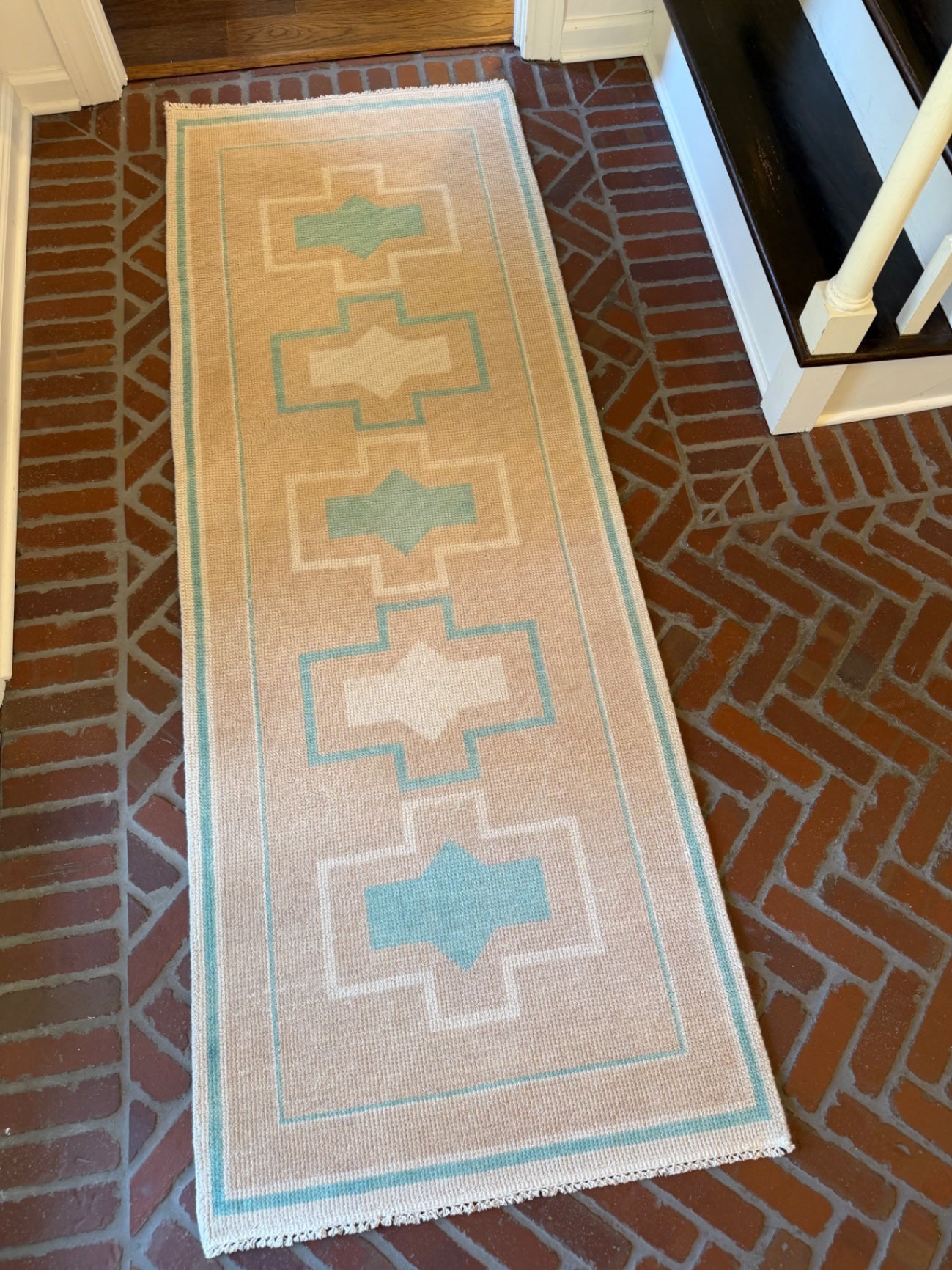 Oushak runner, 7' x 2'6”, light brown/teal geometric 