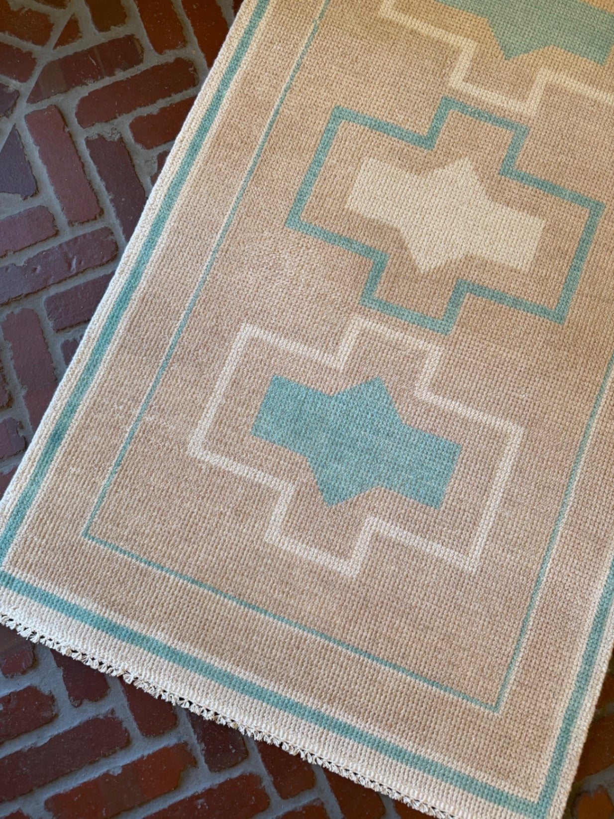 Oushak runner, 7' x 2'6”, light brown/teal geometric 