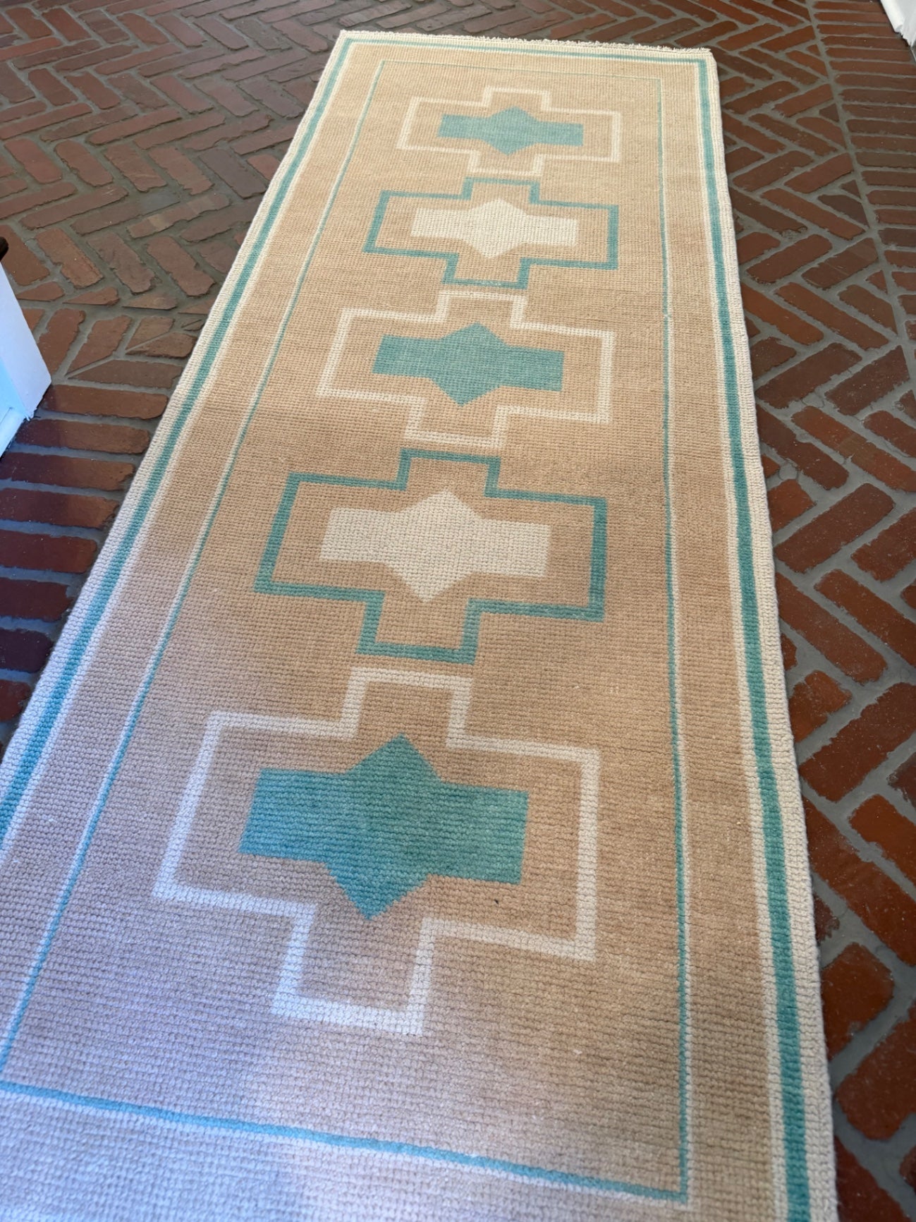 Oushak runner, 7' x 2'6”, light brown/teal geometric 