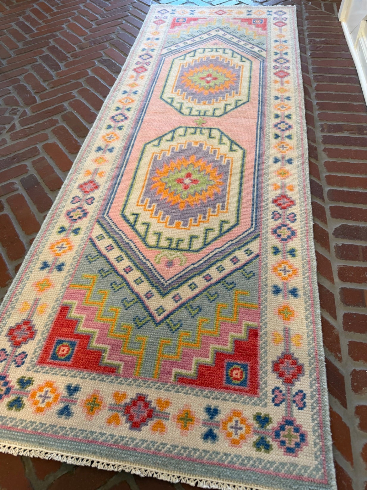 Oushak runner, 7' x 2'6", multicolor geometric
