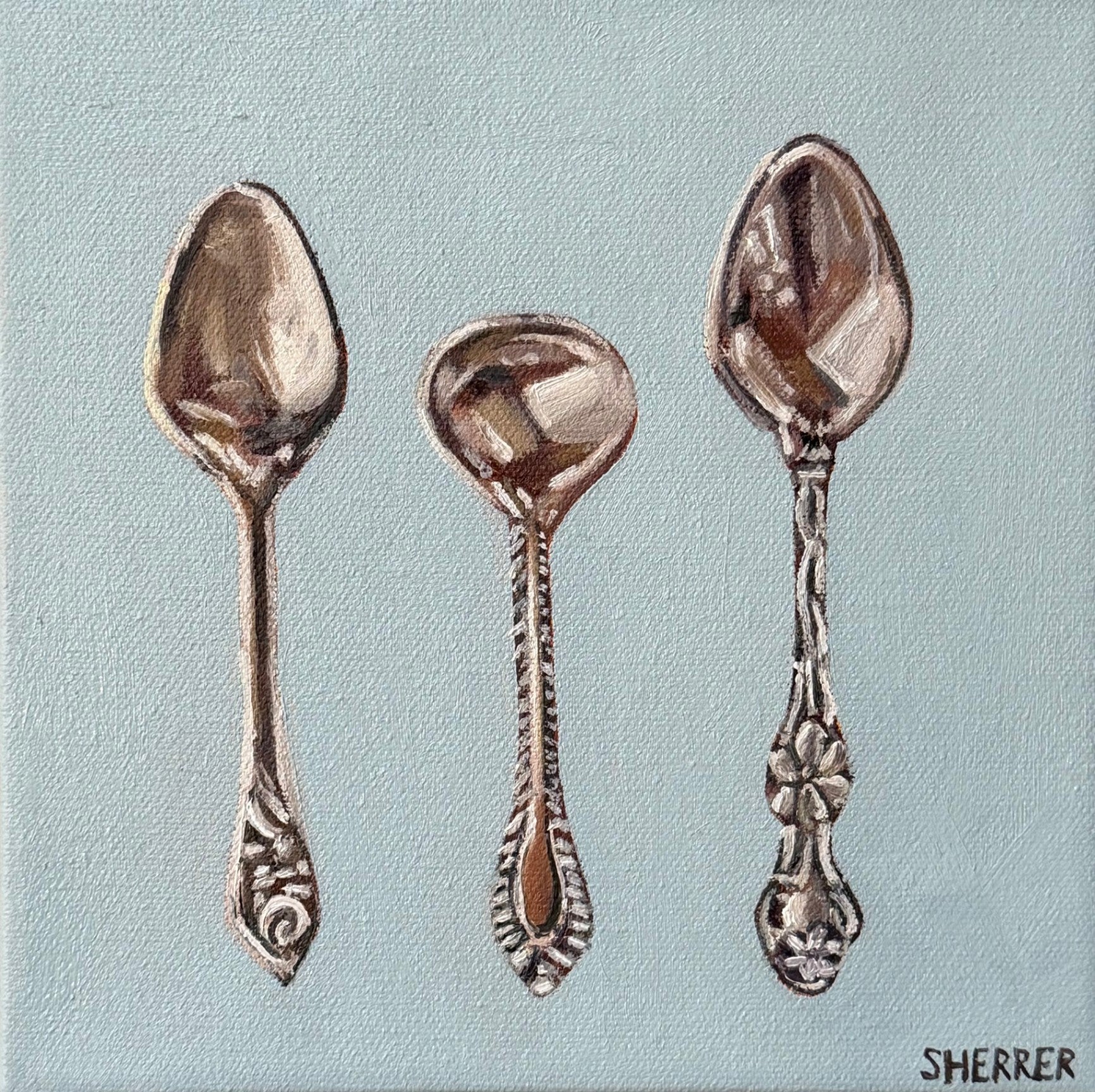 "Jo's Silver in Blue" by Caroline Sherrer, Oil on Canvas, 8x8"