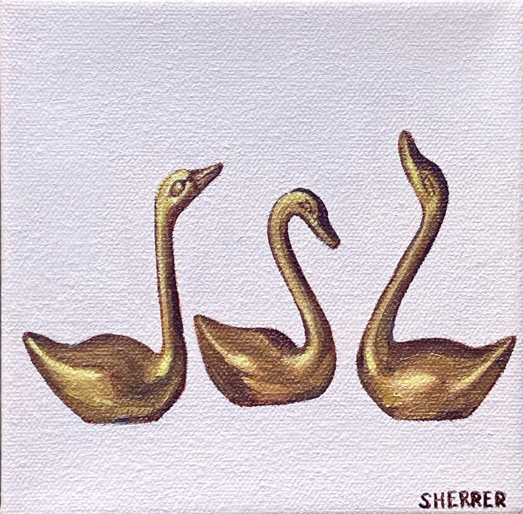"Brass Swans" by Caroline Sherrer, Oil on Canvas, 6x6"