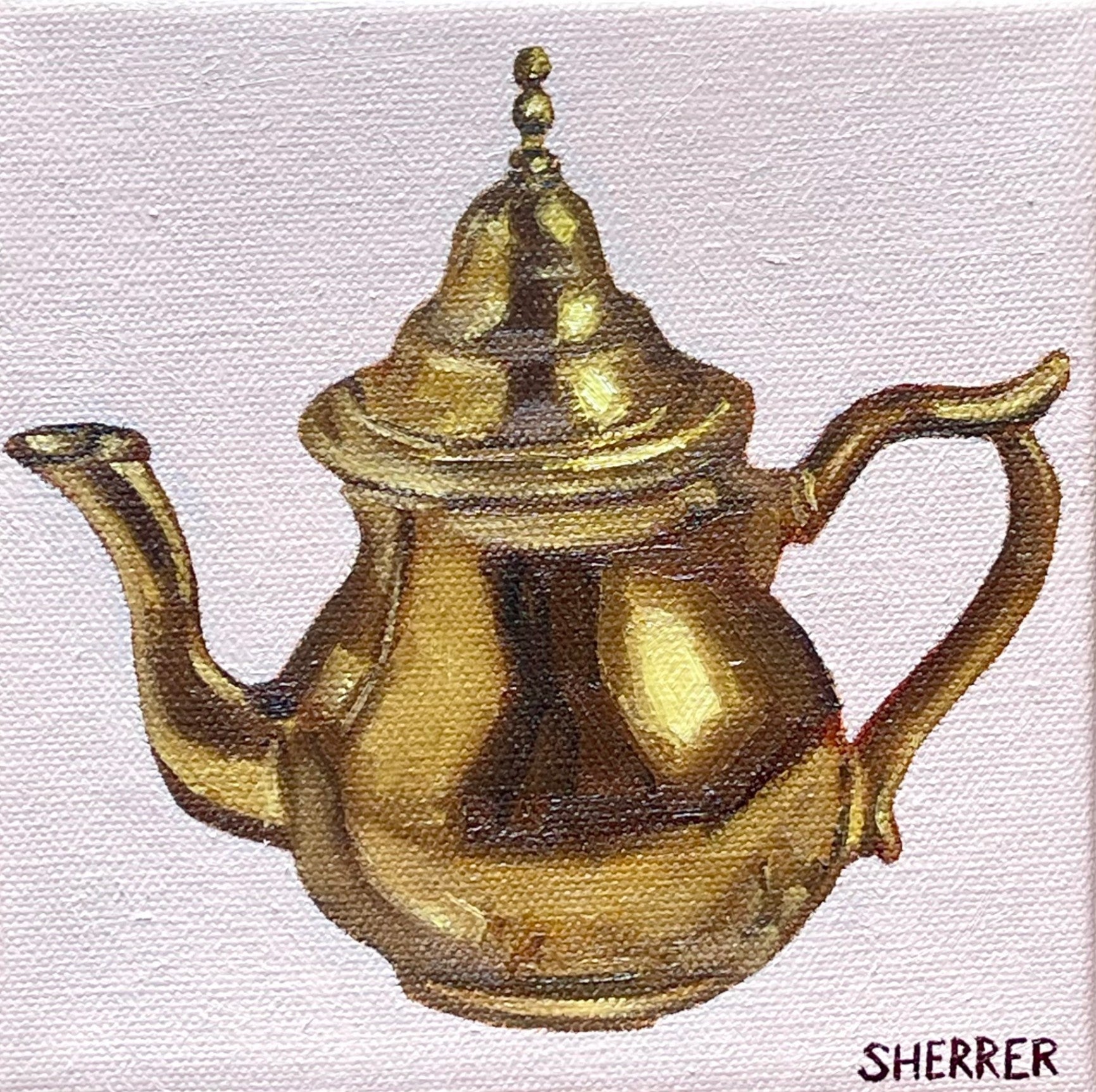 "Brass Kettle" by Caroline Sherrer, Oil on Canvas, 6x6"