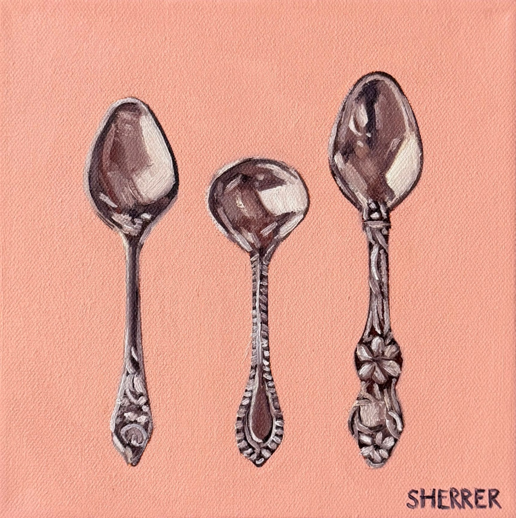 "Jo's Silver in Pink" by Caroline Sherrer, Oil on Canvas, 8x8"