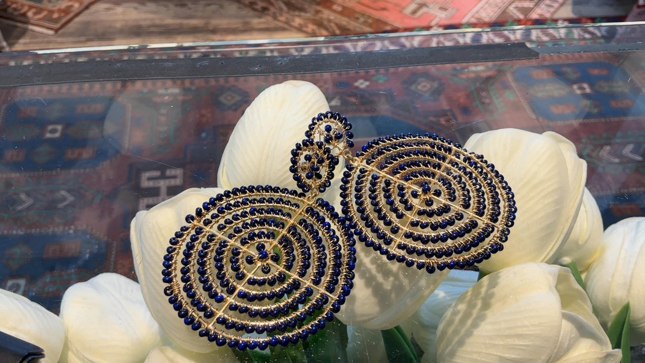 Navy Beaded Circle Earrings