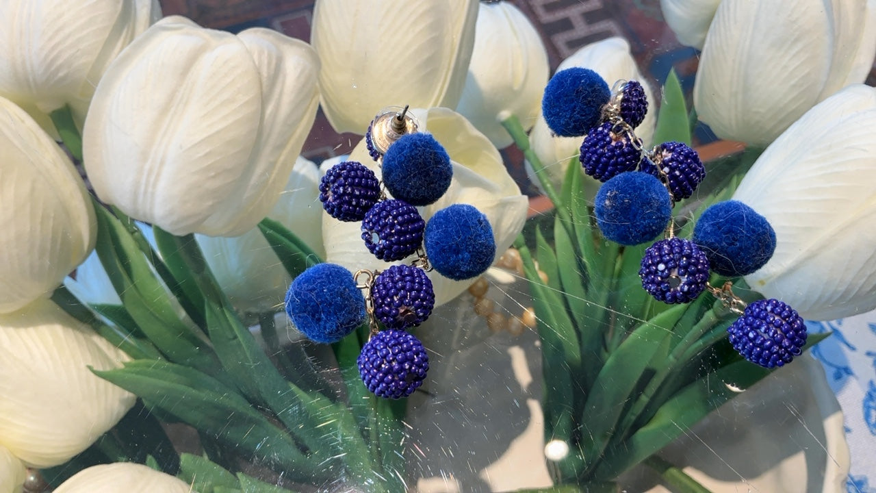 Blue Pom Earrings 