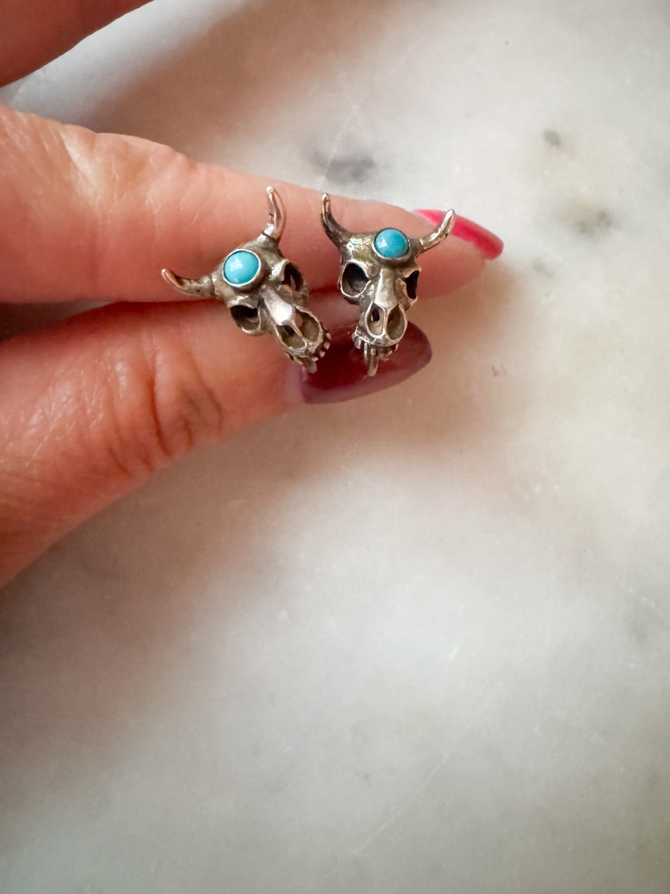 Vintage Silver Skull Bull with Turquoise Earrings