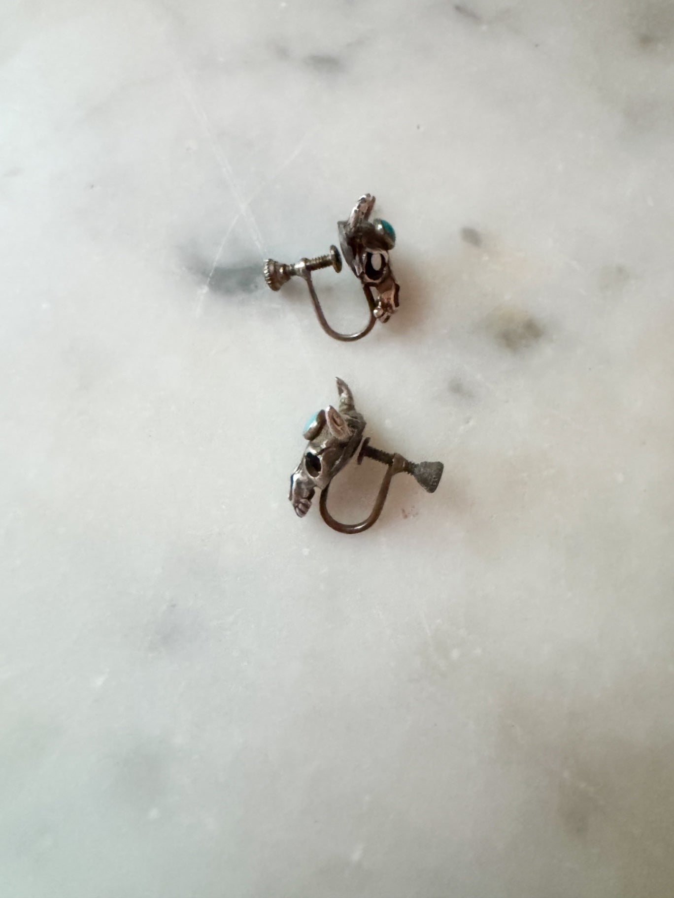 Vintage Silver Skull Bull with Turquoise Earrings