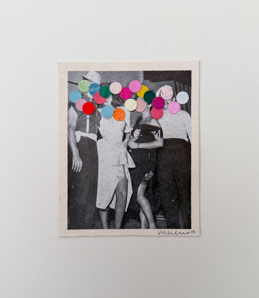 “Drama Club” by Rebecca Dodson, collage on paper, 3.5”x4.5”