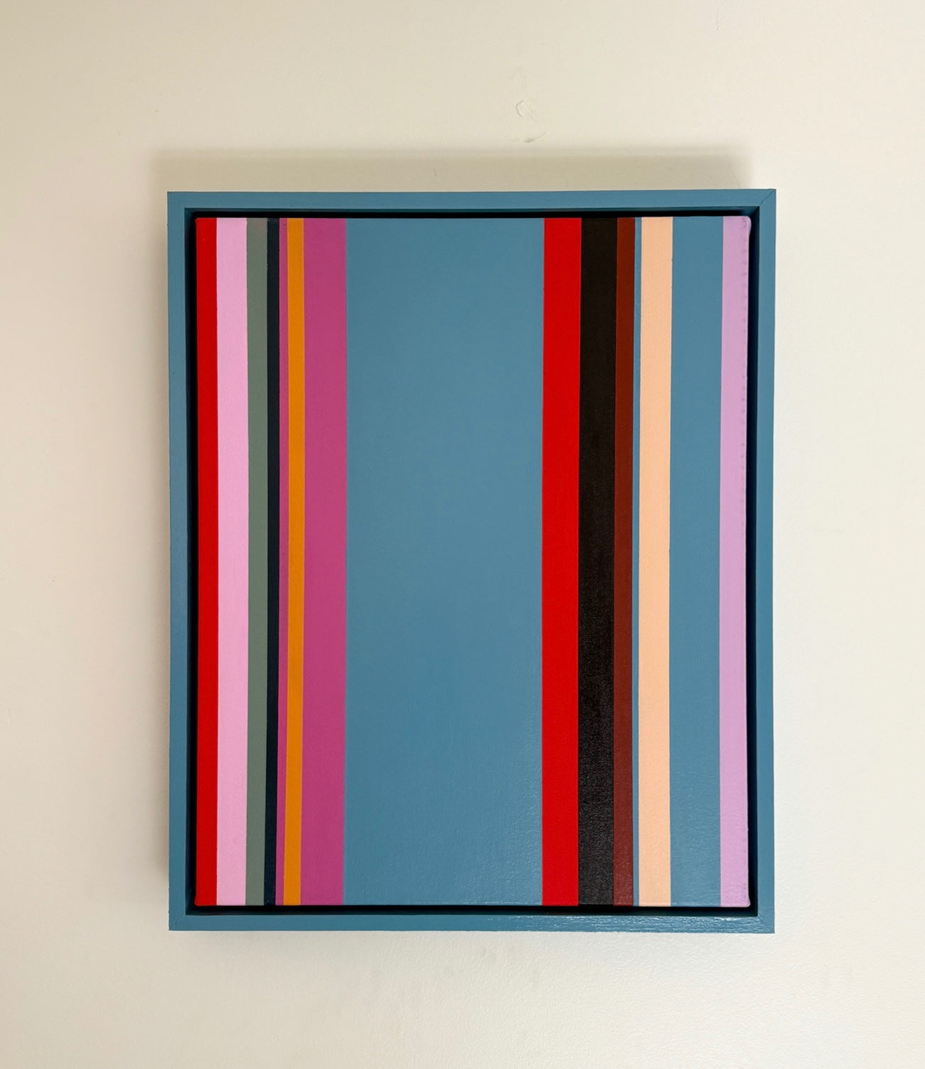 “Stripes” by Rebecca Dodson, acrylic on canvas in float frame, 20” x 16” 
