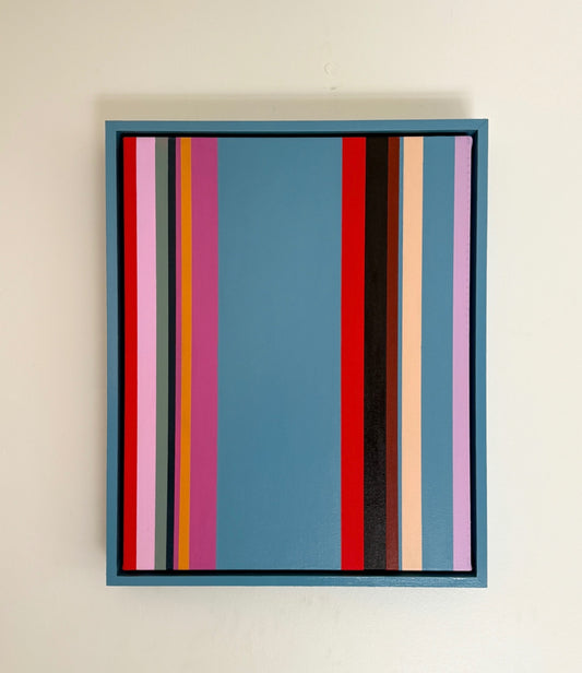 “Stripes” by Rebecca Dodson, acrylic on canvas in float frame, 20” x 16” 