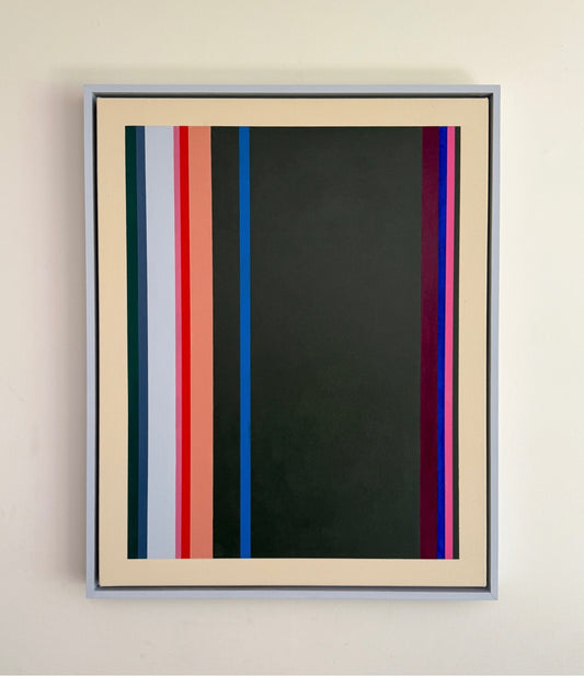 “Stripes” by Rebecca Dodson, acrylic on canvas mounted in float frame, 20”x16”