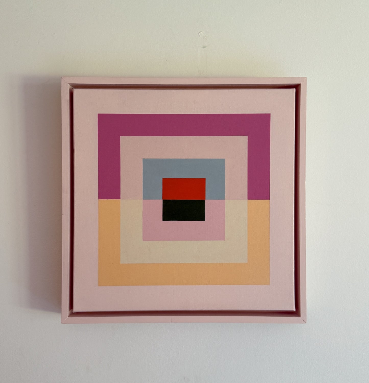 “Back and Forth” by Rebecca Dodson, acrylic on canvas mounted in float frame, 16” x 16”