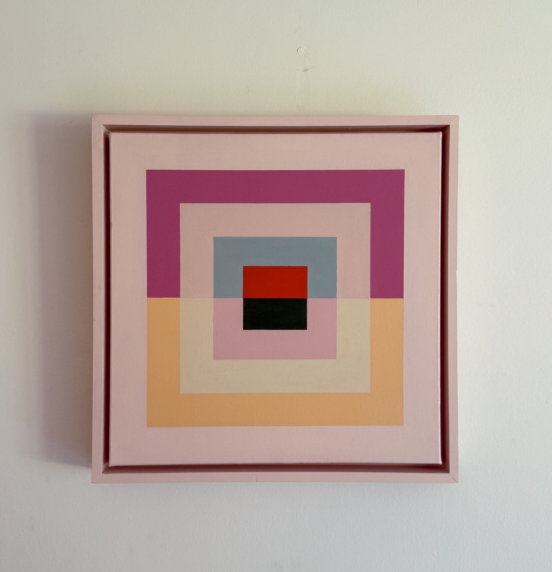 “Back and Forth” by Rebecca Dodson, acrylic on canvas mounted in float frame, 16” x 16”