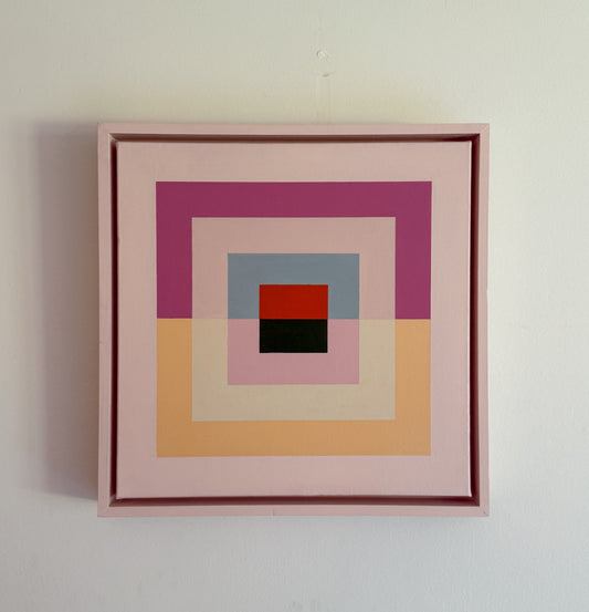 “Back and Forth” by Rebecca Dodson, acrylic on canvas mounted in float frame, 16” x 16”