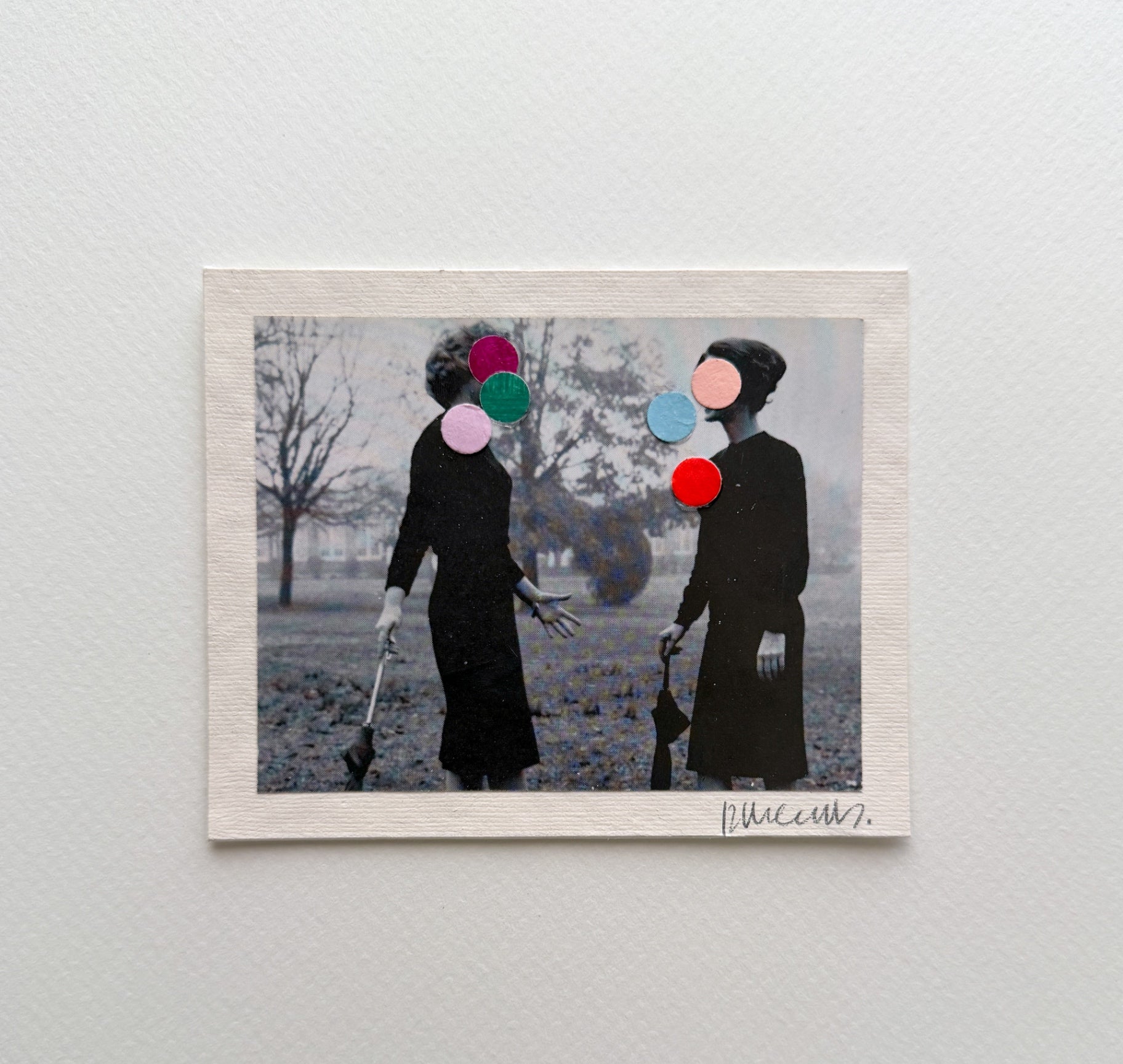 “Chit Chattin’” by Rebecca Dodson, collage on paper, 3.5”x 4.5”