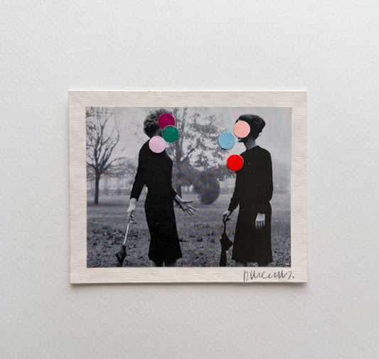 “Chit Chattin’” by Rebecca Dodson, collage on paper, 3.5”x 4.5”