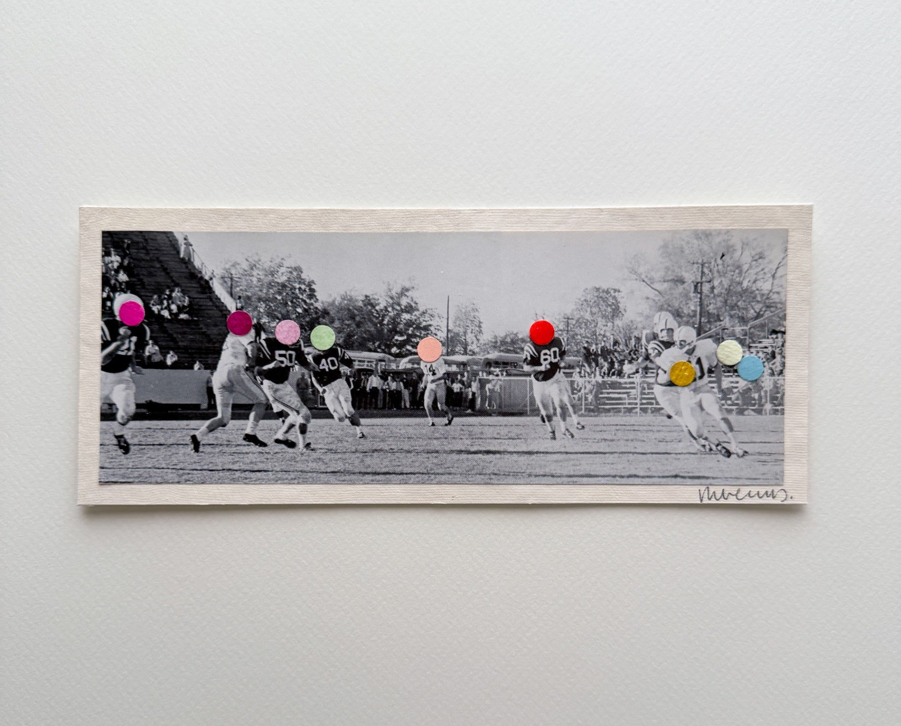 “Defense, Tigers! Defense!” by Rebecca Dodson, collage on paper, 3.5” x 9”