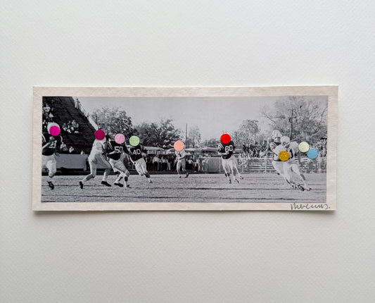 “Defense, Tigers! Defense!” by Rebecca Dodson, collage on paper, 3.5” x 9”