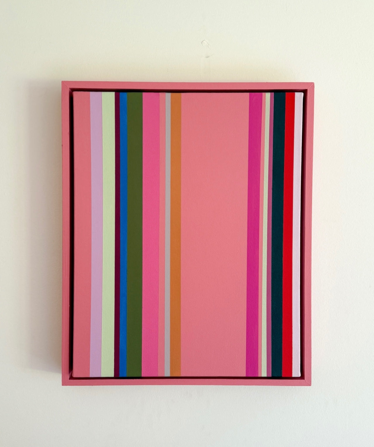 “Stripes” by Rebecca Dodson, acrylic on canvas mounted in float frame, 20” x 16”