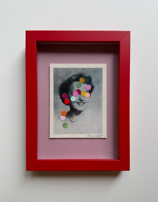 “Frankie” by Rebecca Dodson, collage on paper, 5” x 7”
