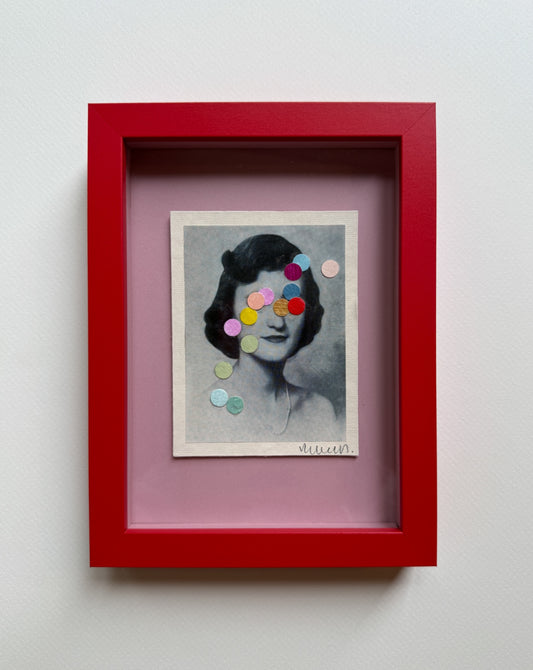 “Betty” by Rebecca Dodson, collage on paper, 5” x 7”