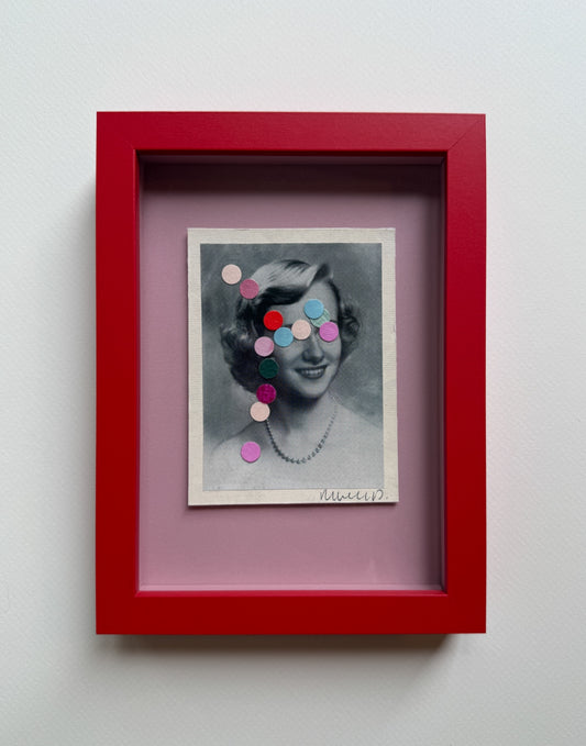 “Eloise” by Rebecca Dodson, framed collage, 5” x 7”