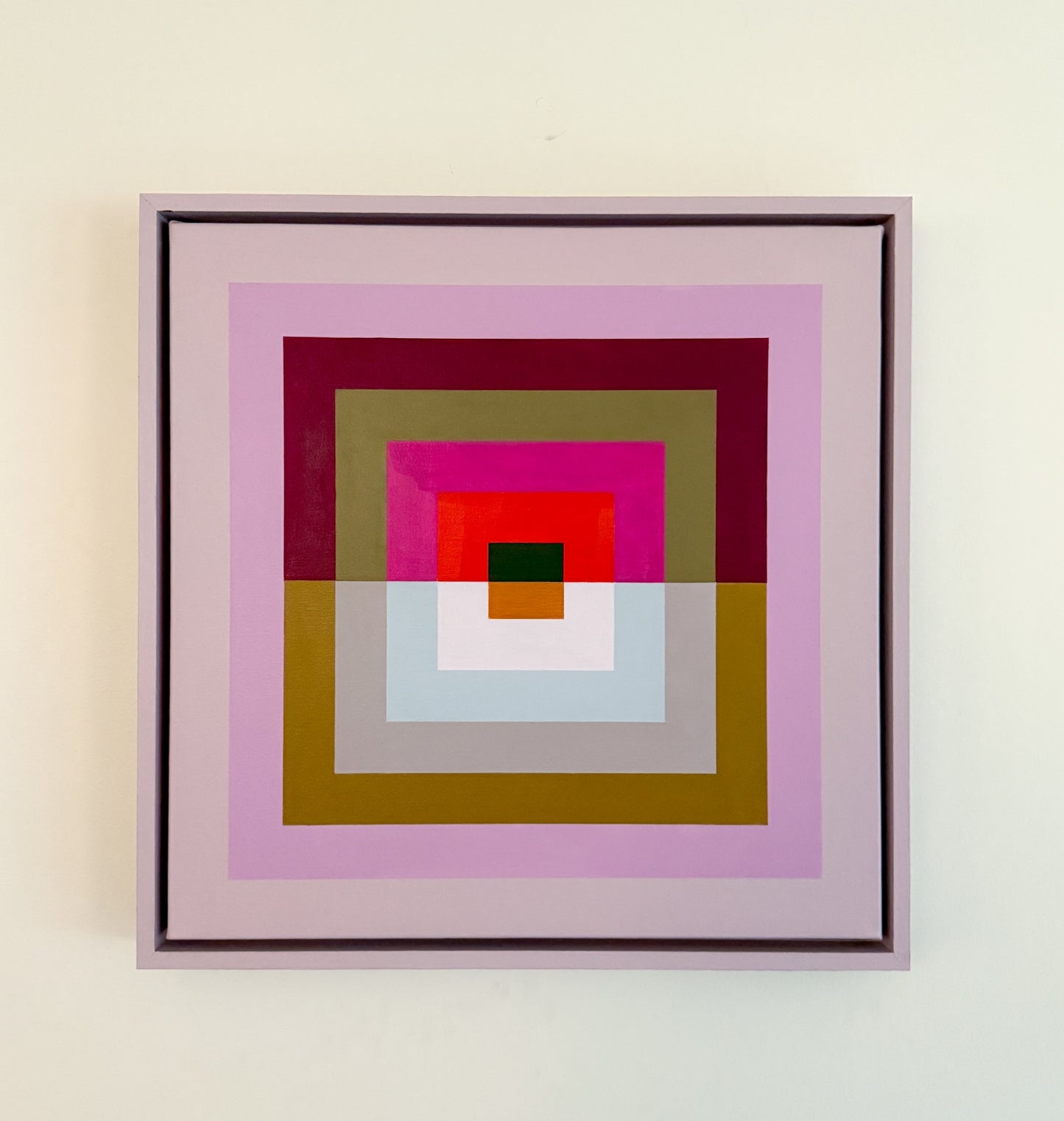 “Back and Forth” by Rebecca Dodson, acrylic on canvas mounted in float frame, 20” x 20”