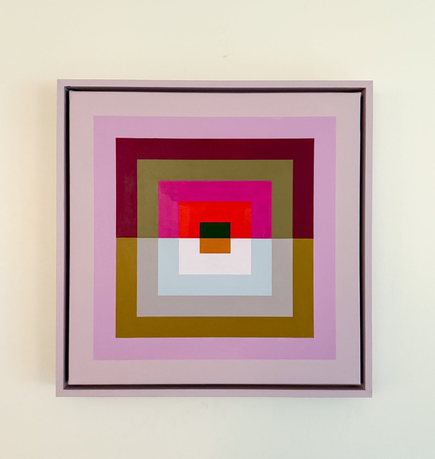 “Back and Forth” by Rebecca Dodson, acrylic on canvas mounted in float frame, 20” x 20”