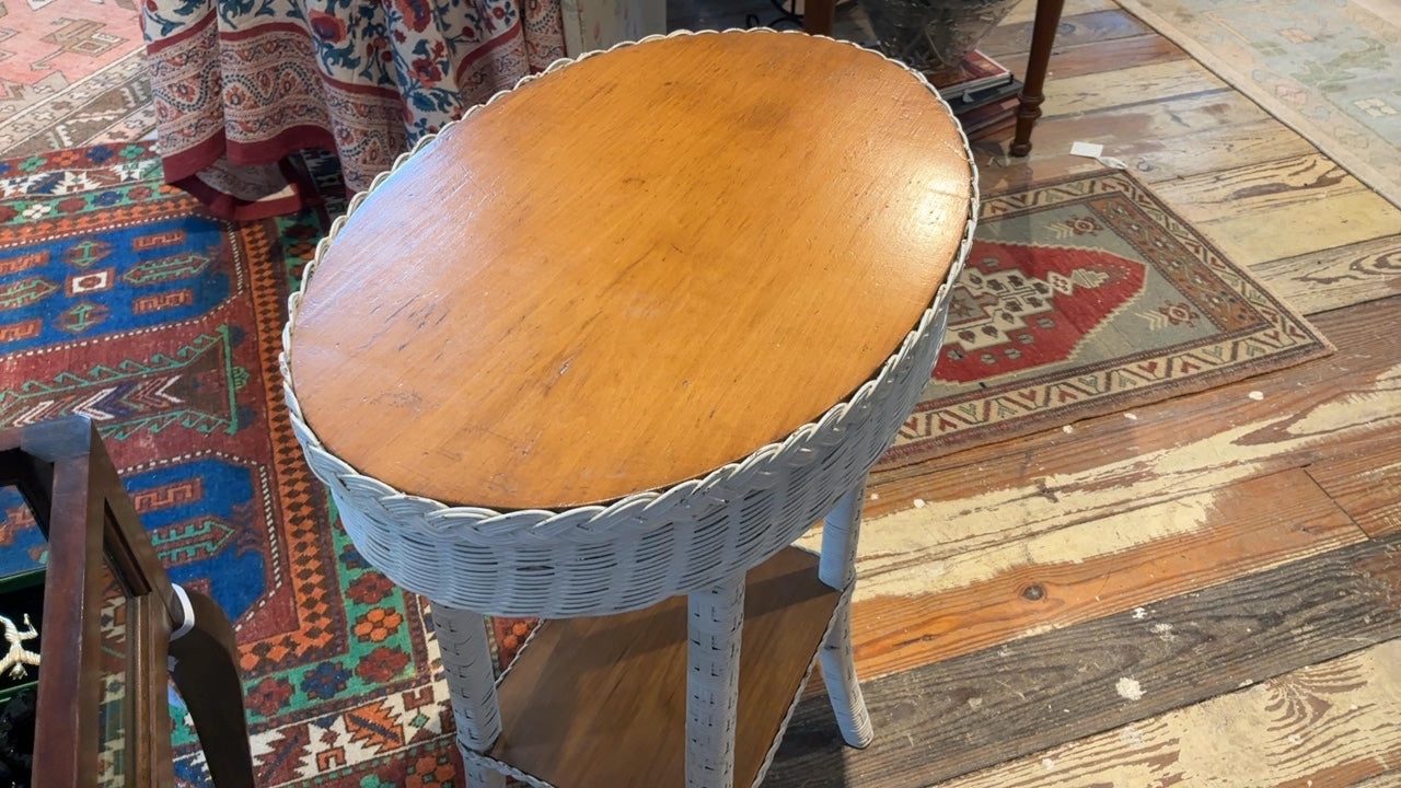 White Wicker two tier end table