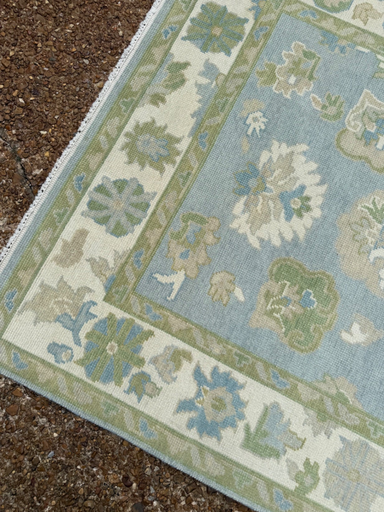 Oushak rug, 5’ x 7’, blue base, green, cream