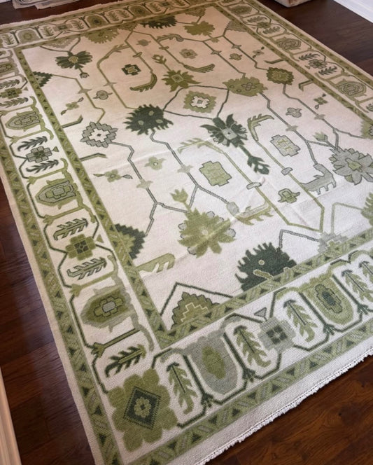 Oushak area rug, 9' x 12', green/cream