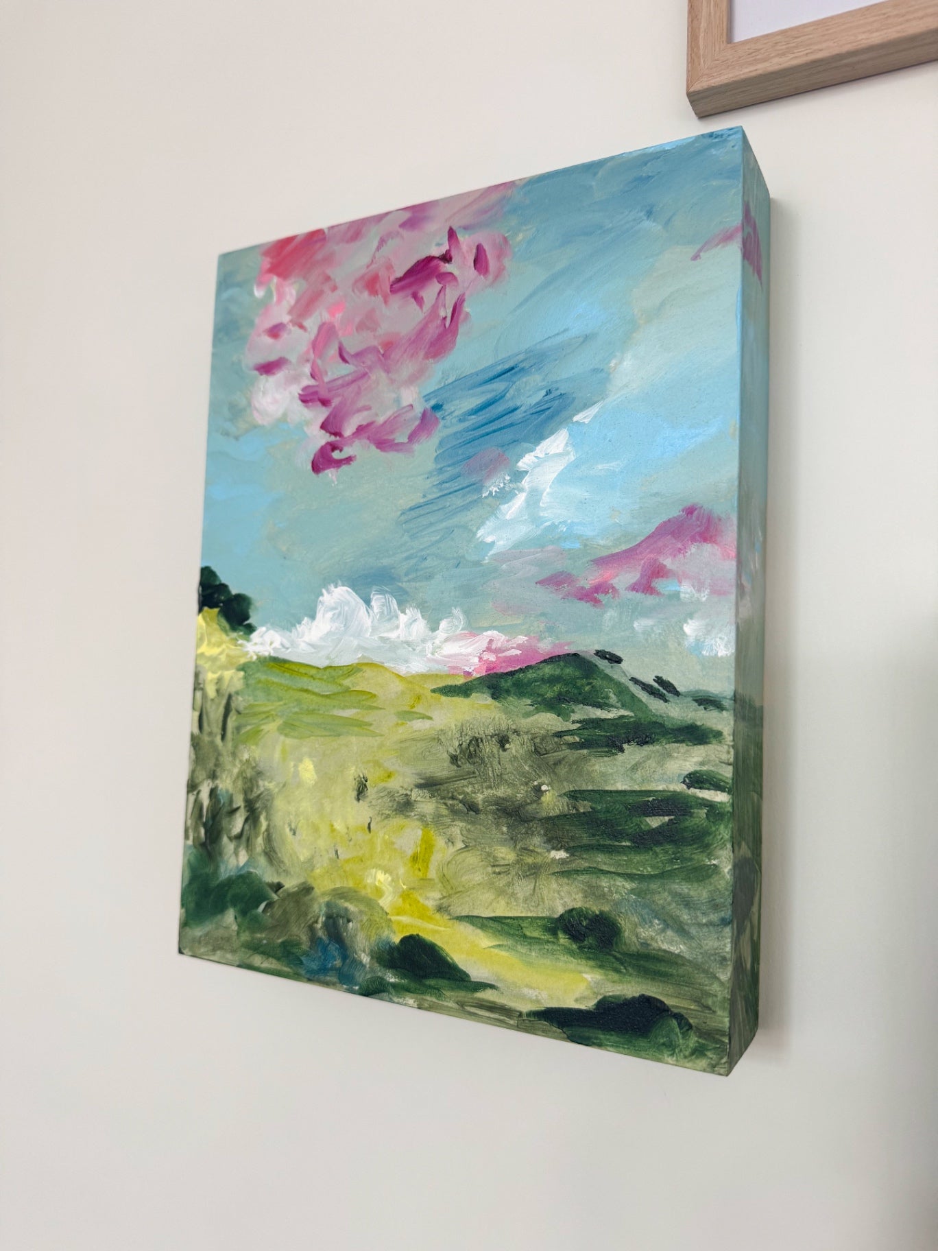 “Blush on the Horizon” by Dorothy Collier, acrylic on wood, 9x12”