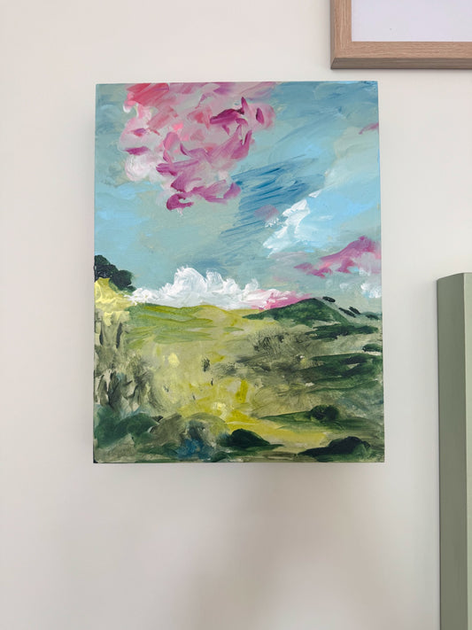 “Blush on the Horizon” by Dorothy Collier, acrylic on wood, 9x12”