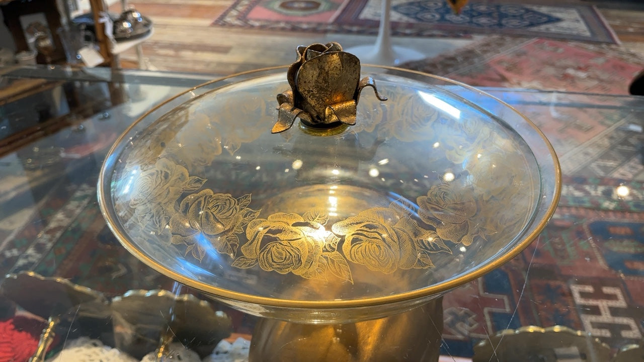 Vintage Italian Tole rose, lidded candy dish