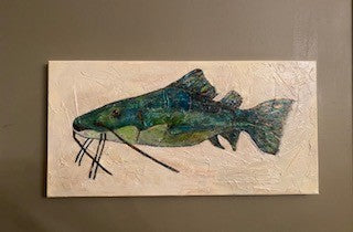 Natalie Hutchins Thomasmeyer Art, Catfish Painting 24" x 12" Green and blue mix
