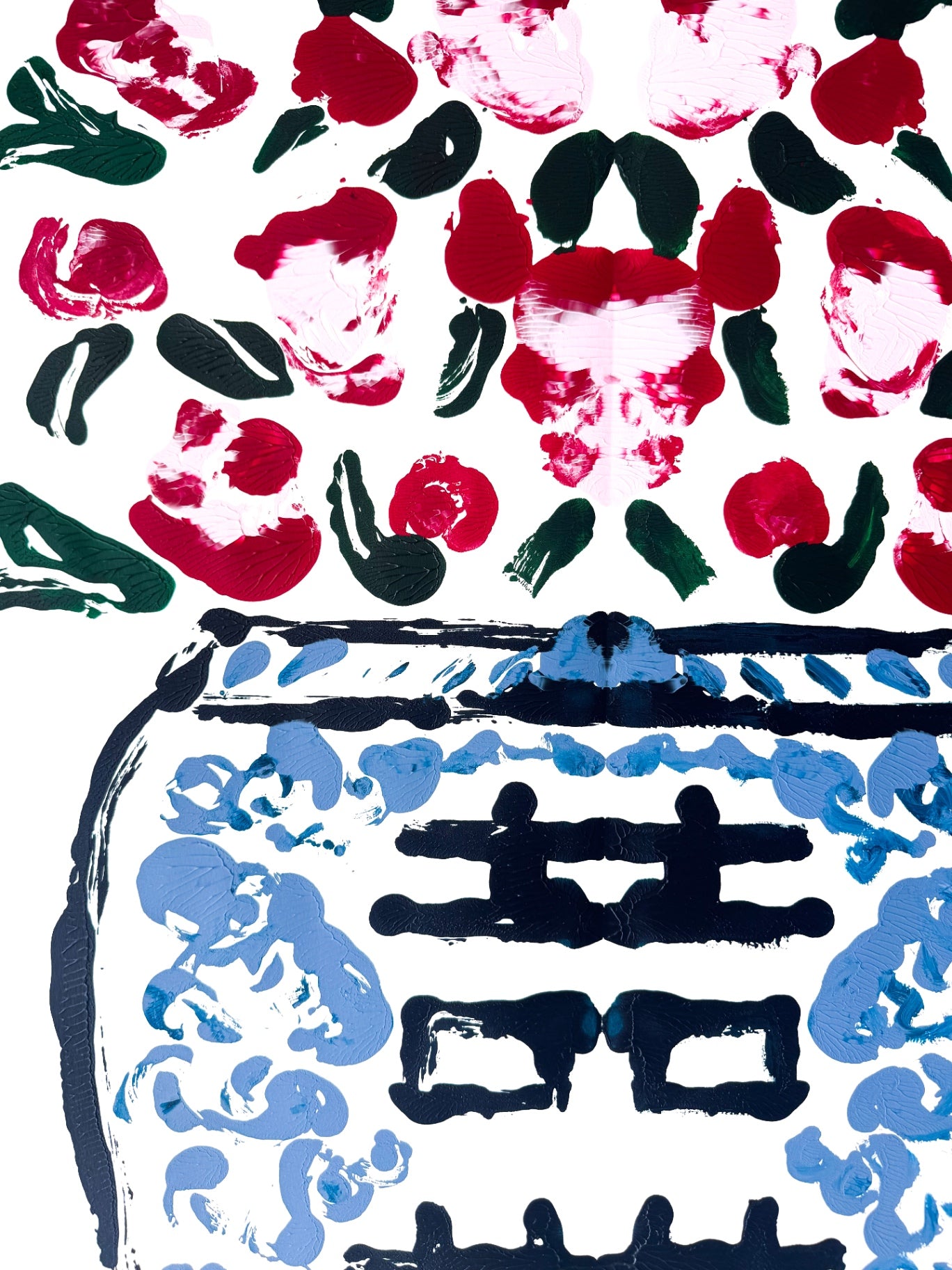 Double Happiness Ginger Jar Rorschach Series in Red and Pink, 22x30”
