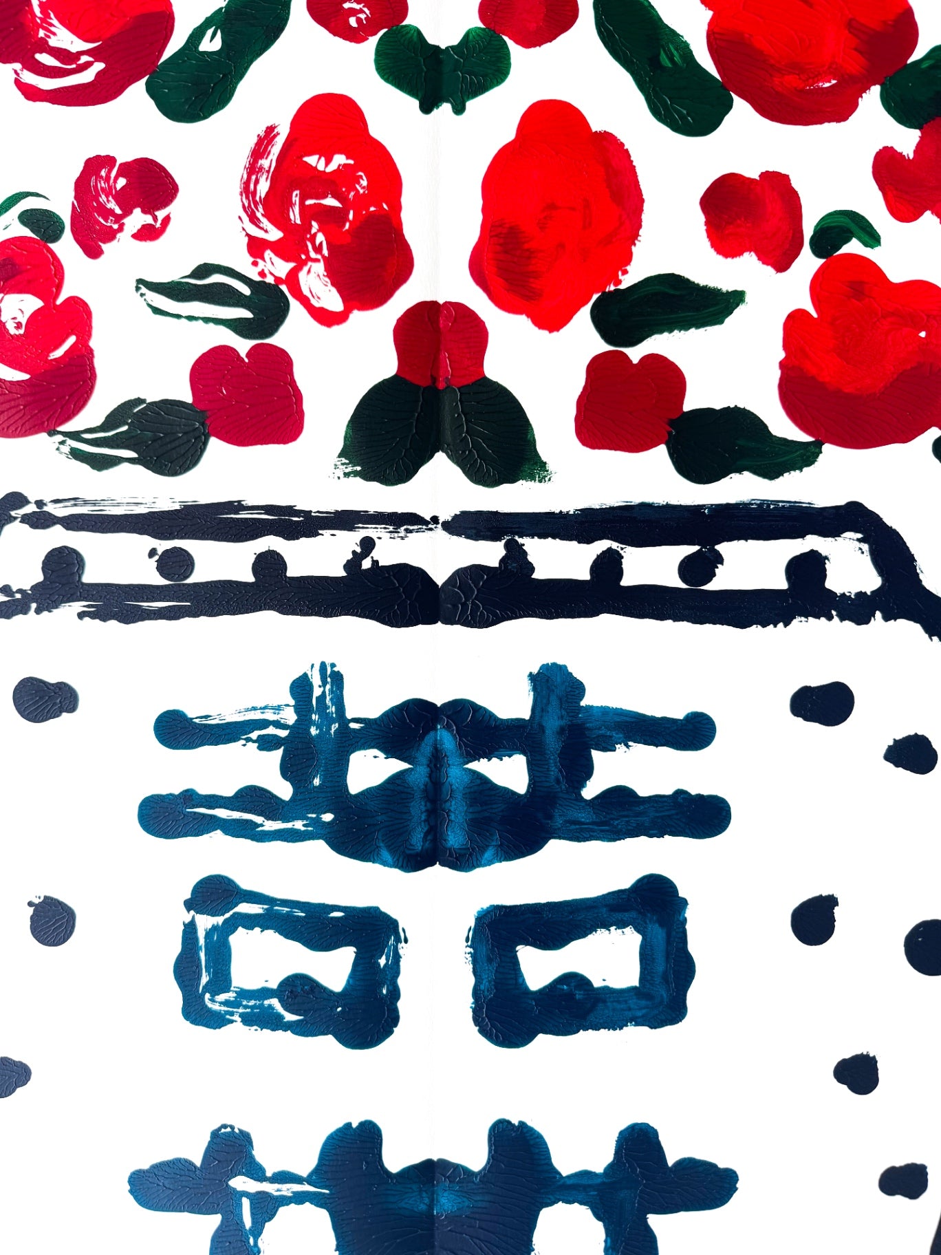 Double Happiness Ginger Jar Rorschach Series in Red with Blue Dots, 22x30”