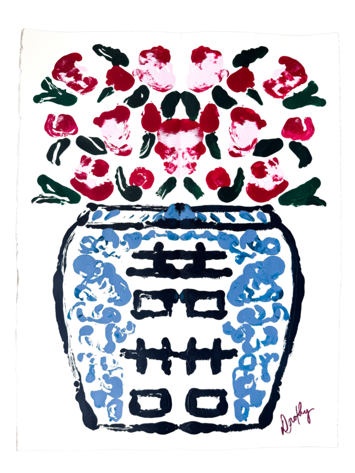 Double Happiness Ginger Jar Rorschach Series in Red and Pink, 22x30”