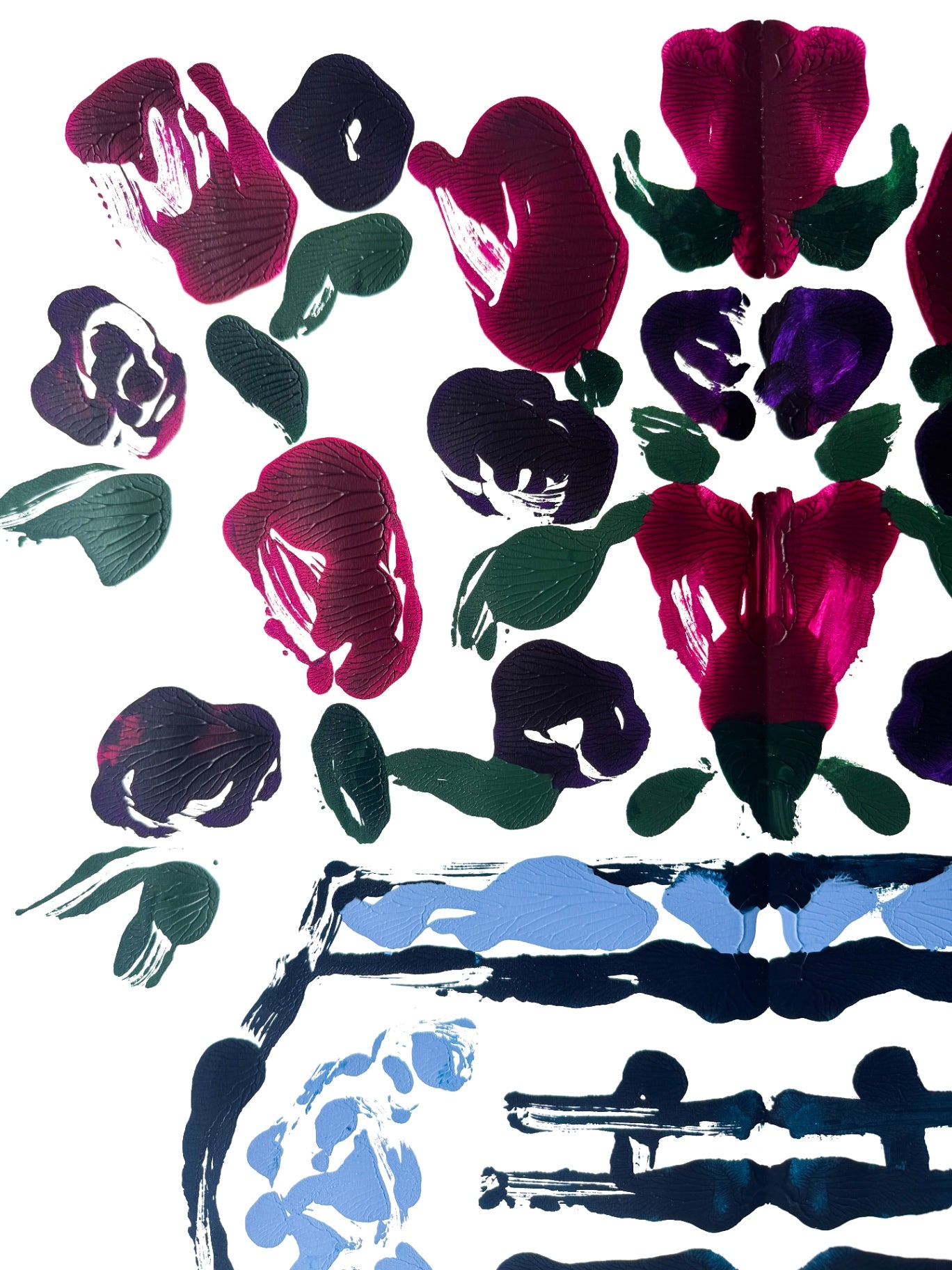 Double Happiness Ginger Jar Rorschach Series in Plum in light blue vase, 22x30”