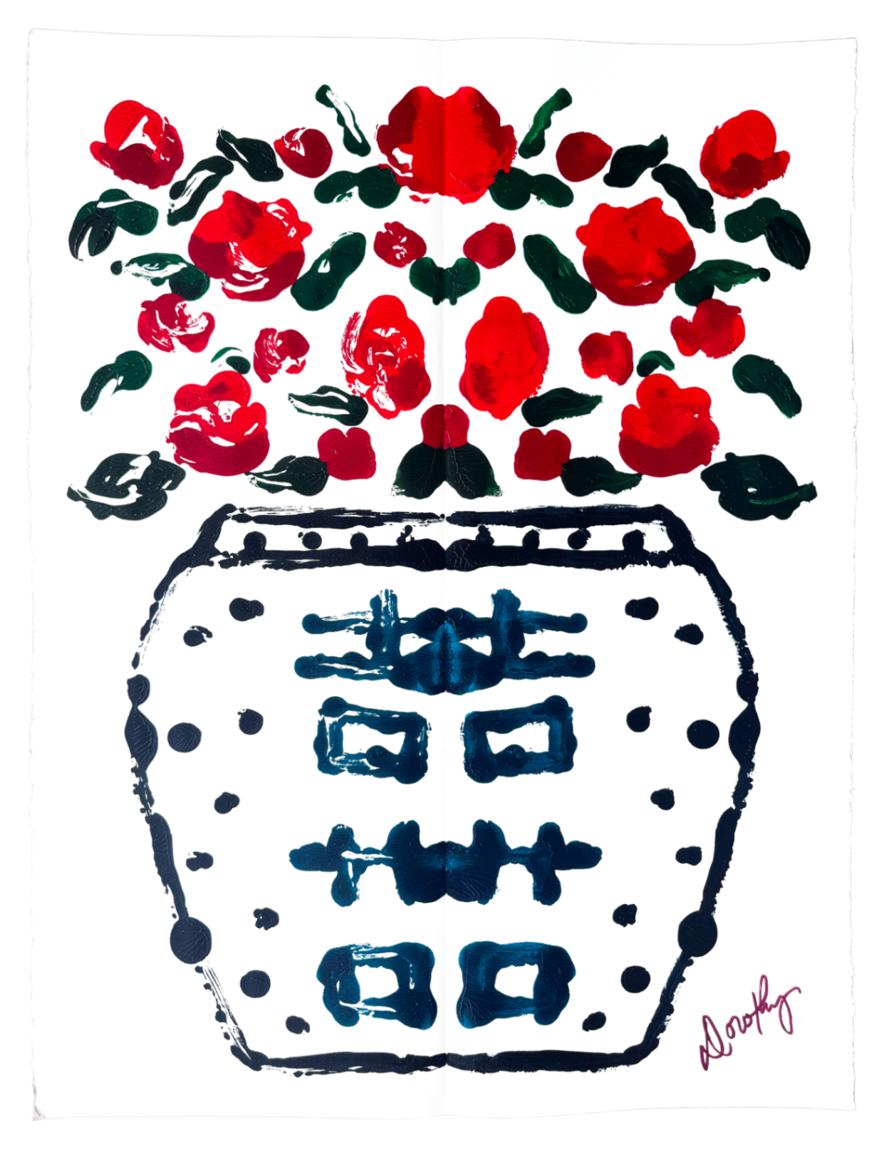 Double Happiness Ginger Jar Rorschach Series in Red with Blue Dots, 22x30”