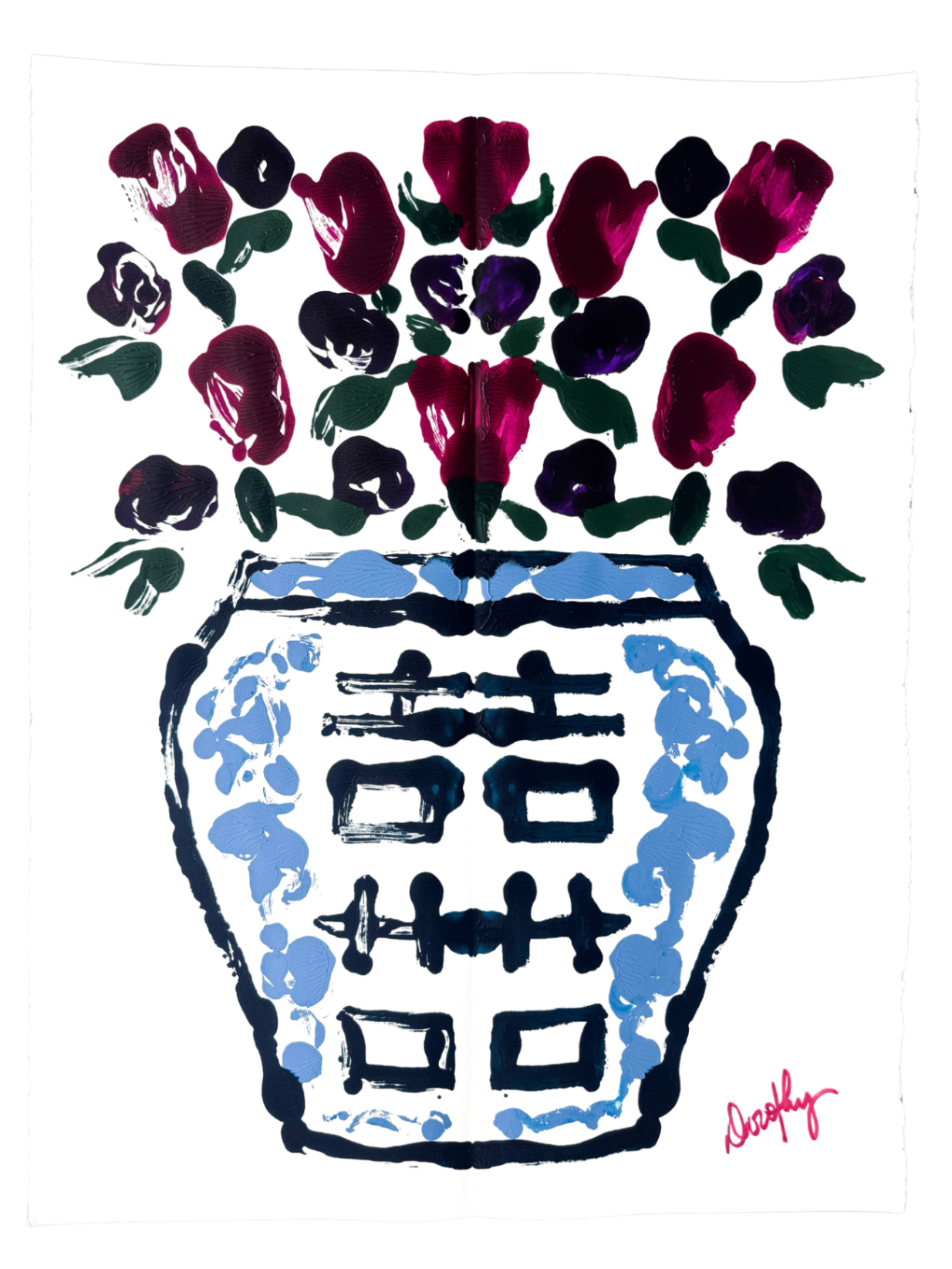 Double Happiness Ginger Jar Rorschach Series in Plum in light blue vase, 22x30”