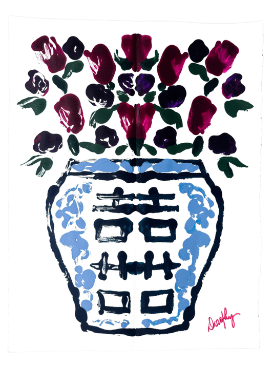 Double Happiness Ginger Jar Rorschach Series in Plum in light blue vase, 22x30”